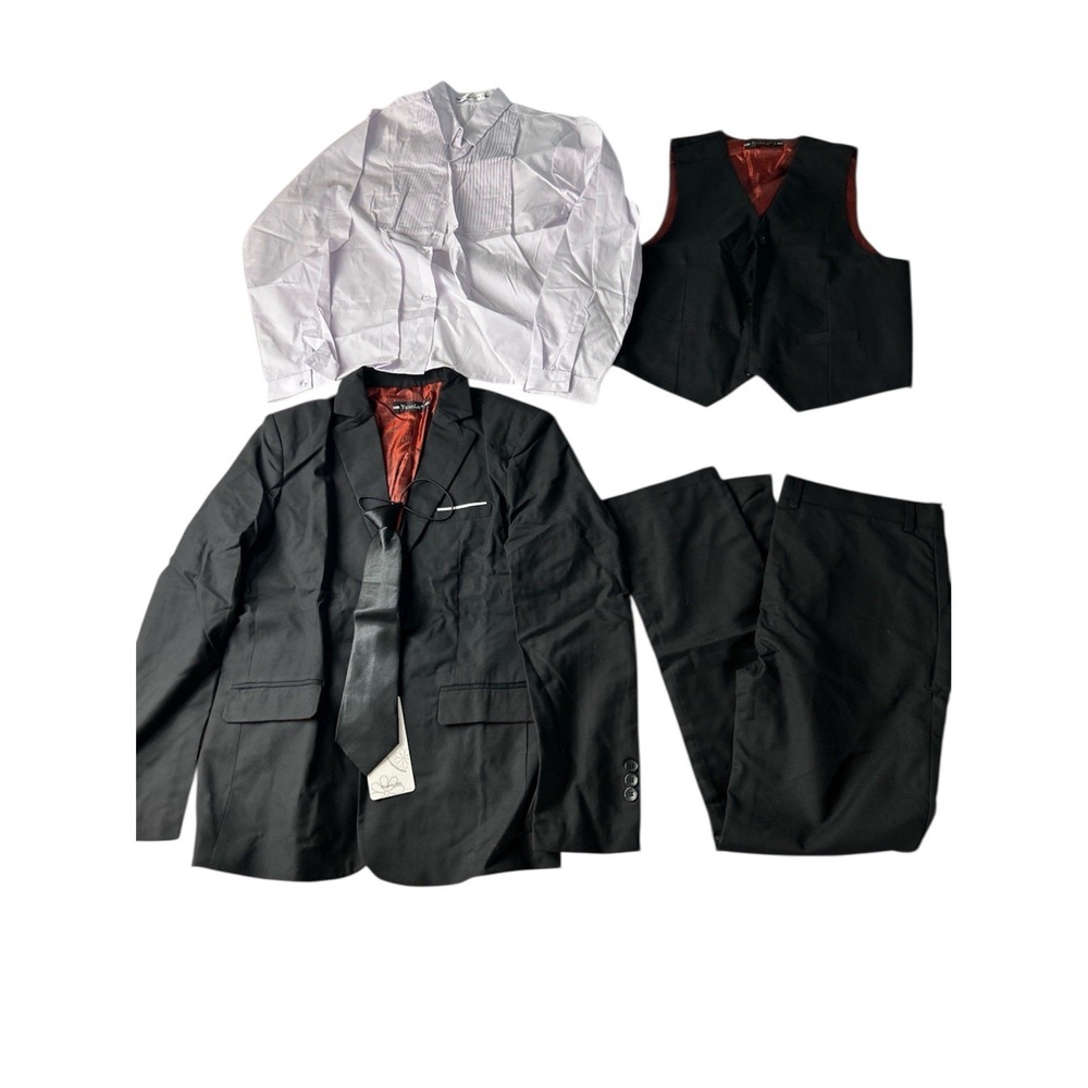 Yuan Lu boys 5 Piece Tuxedo Suit Set Blazer 14 Black White Pants Shirt Tie